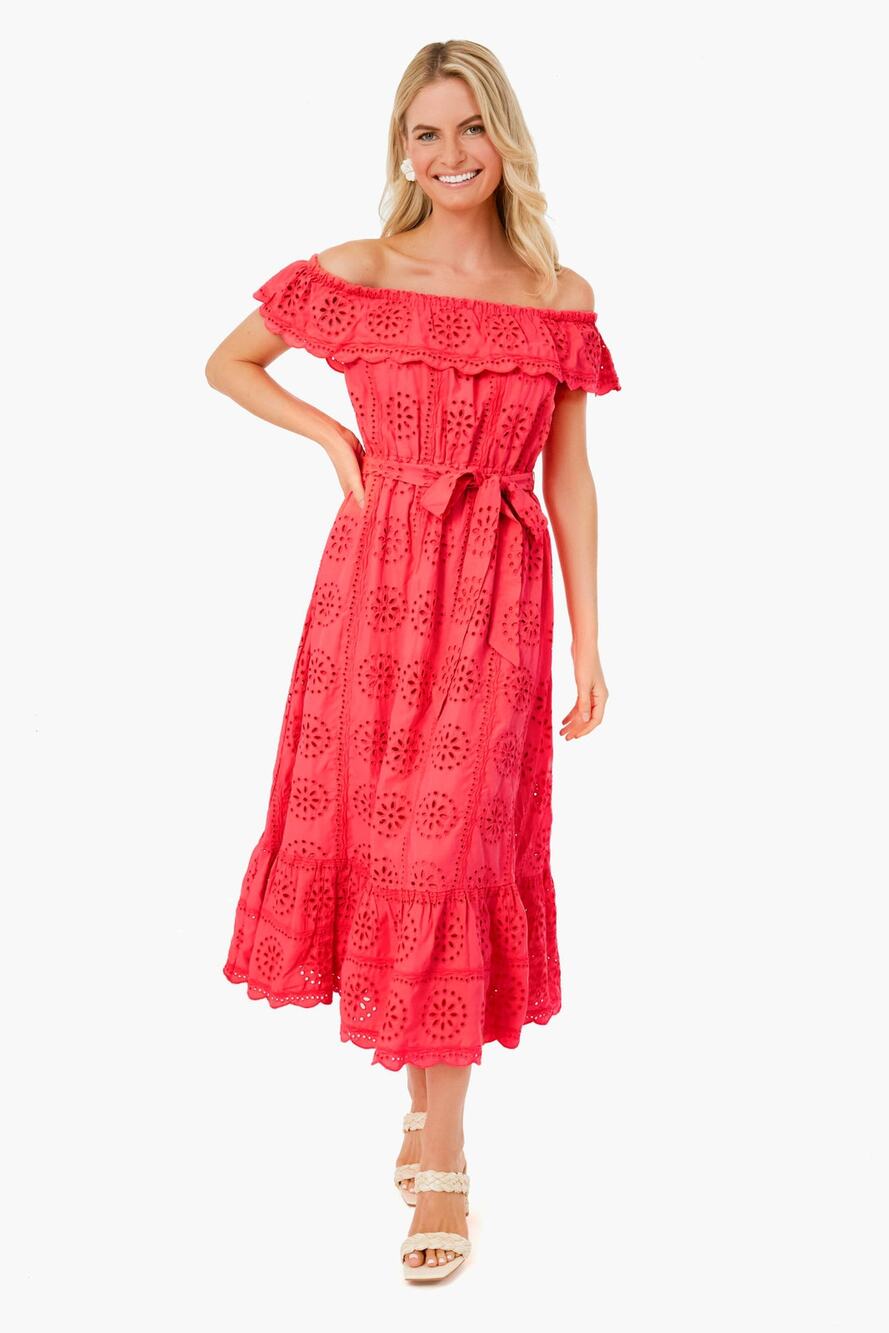 New Lilly Pulitzer Liabella Off The Shoulder Eyelet Dress Coral Tiered Sz XS